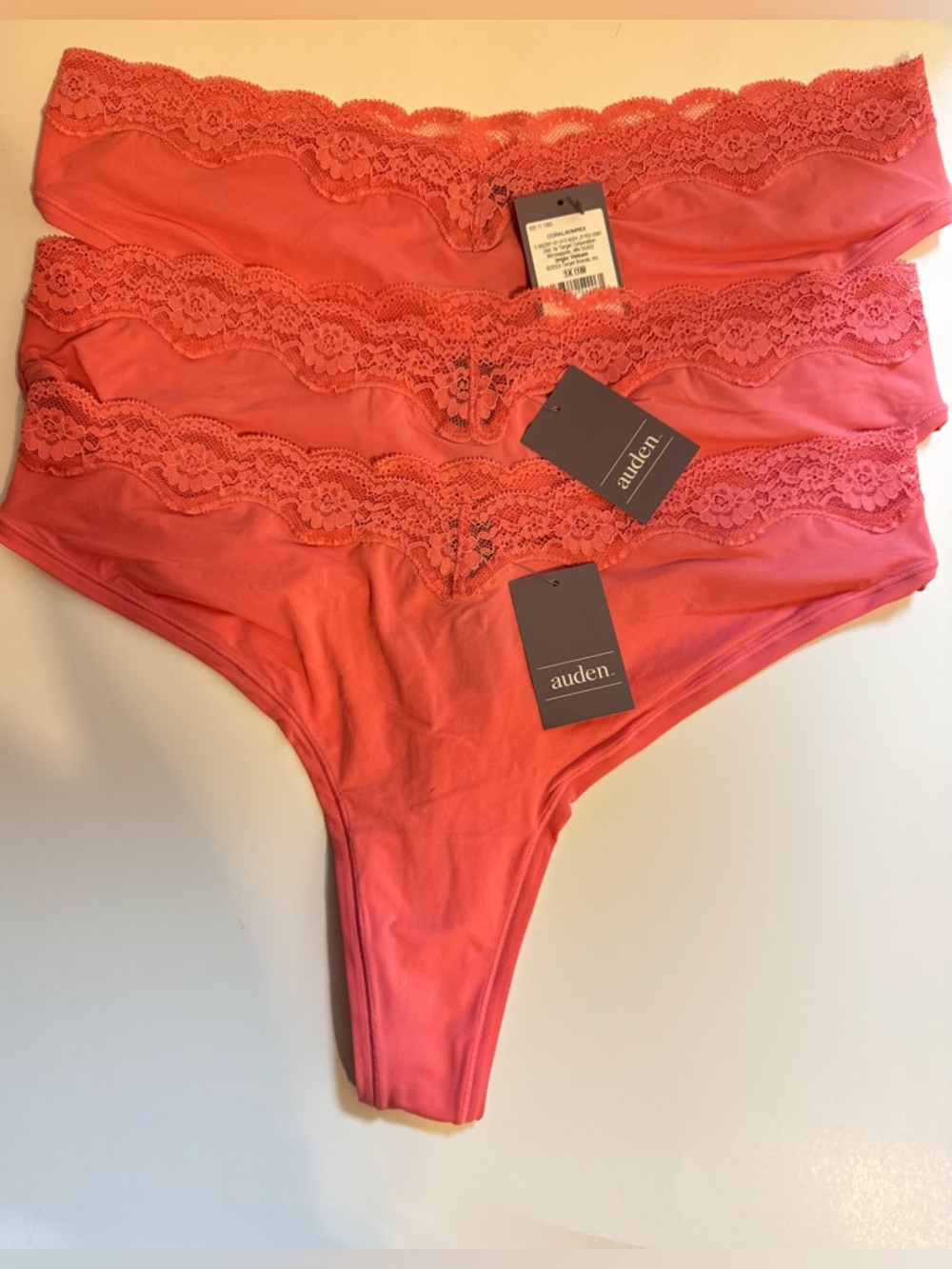 XXL / 1X / 3X - Auden Lace-Trim Thong Panties in Coral 3pcs